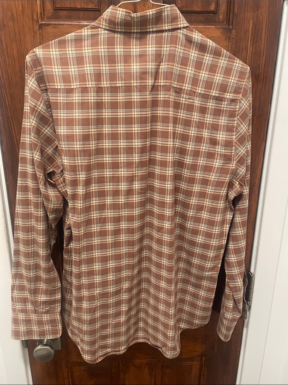 Bonobos Tan and Cream Plaid Button-Down Slim Fit Shirt, size medium. - Picture 3 of 7